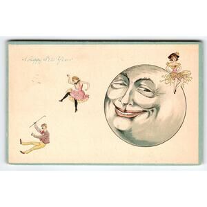 Anthropomorphic Moon Man Fantasy Postcard Pretty Girls New Years 1910 Se 570